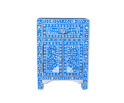 Mother of Pearl Inlay Floral Design Bedside Table Blue, Mother of Pearl Inlay Floral Design Nightstand Table Blue, Mother of Pearl Inlay Storage, Bedroom Furniture