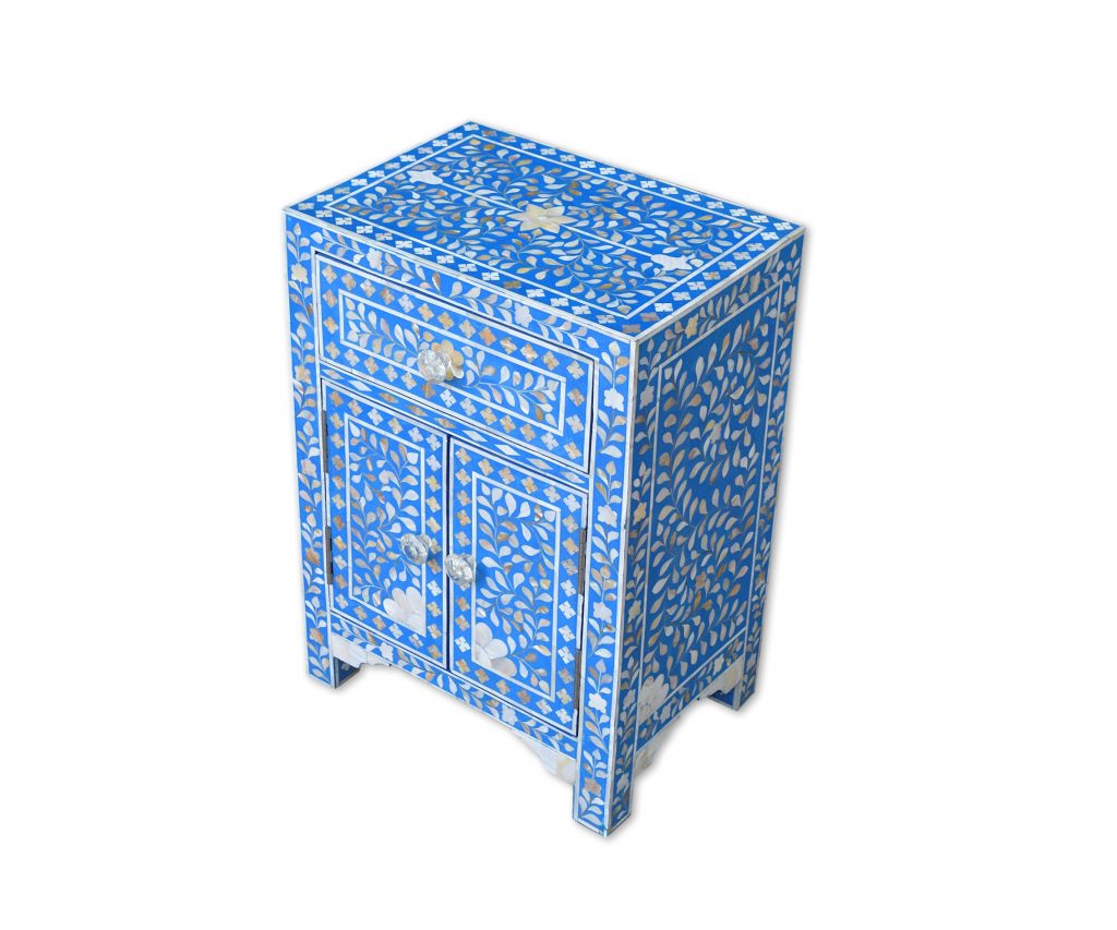 Mother of Pearl Inlay Floral Design Bedside Table Blue, Mother of Pearl Inlay Floral Design Nightstand Table Blue, Mother of Pearl Inlay Storage, Bedroom Furniture