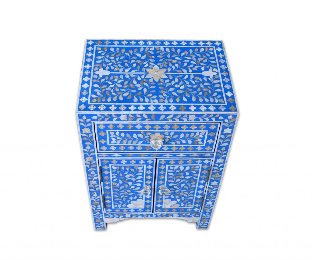 Mother of Pearl Inlay Floral Design Bedside Table Blue, Mother of Pearl Inlay Floral Design Nightstand Table Blue, Mother of Pearl Inlay Storage, Bedroom Furniture