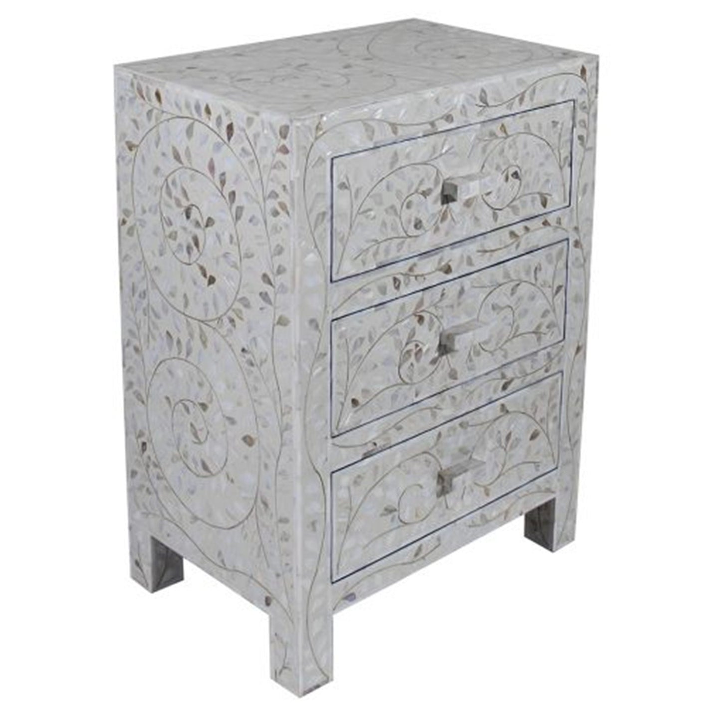 Mother of Pearl Inlay Floral Design With 3 Drawers Bedside Table , Mother of Pearl Inlay Floral Design Nightstand Table , Mother of Pearl Inlay Storage, Bedroom Furniture