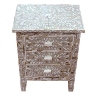 Mother of Pearl Inlay Floral Design With 3 Drawers Bedside Table , Mother of Pearl Inlay Floral Design Nightstand Table , Mother of Pearl Inlay Storage, Bedroom Furniture