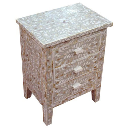 Mother of Pearl Inlay Floral Design With 3 Drawers Bedside Table , Mother of Pearl Inlay Floral Design Nightstand Table , Mother of Pearl Inlay Storage, Bedroom Furniture