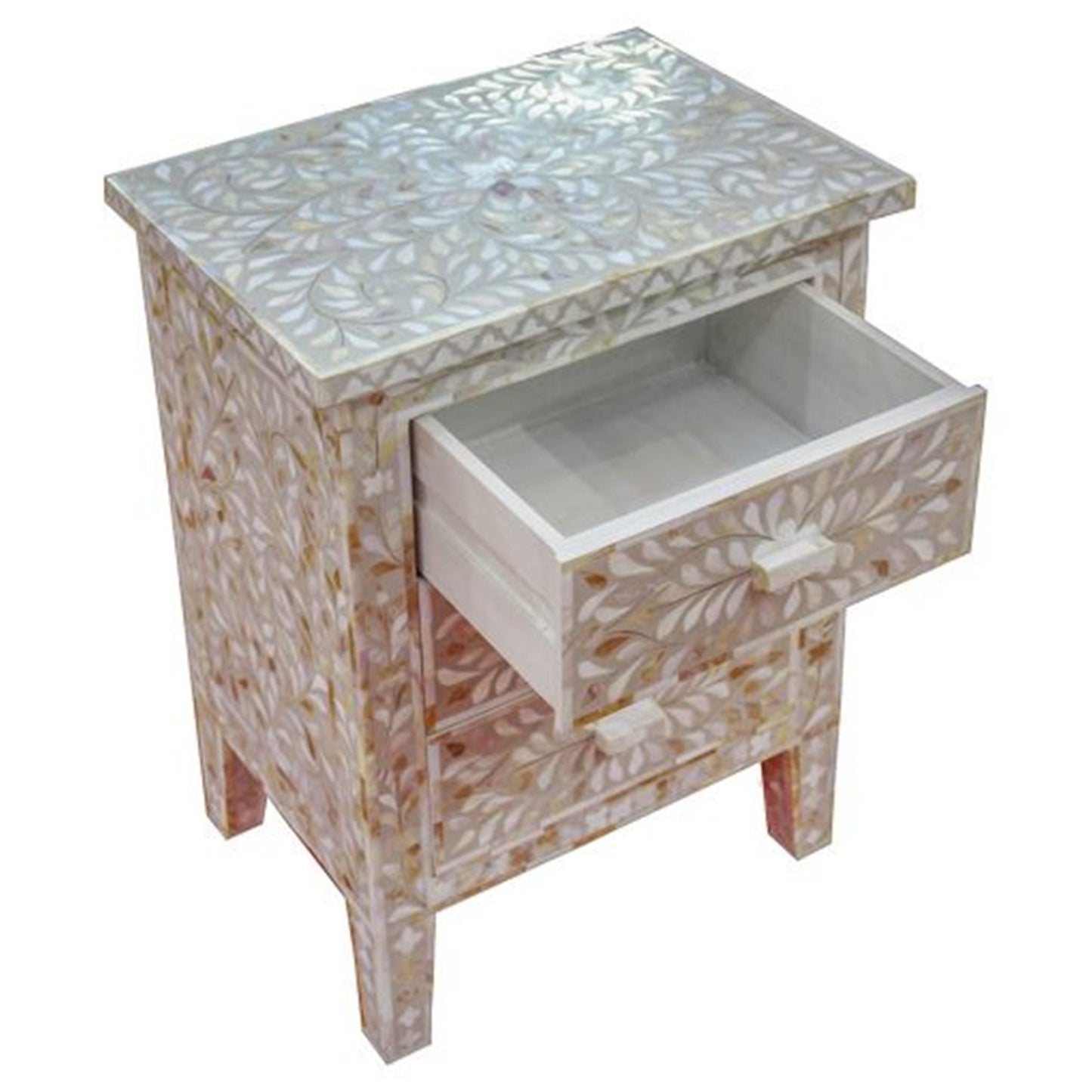 Mother of Pearl Inlay Floral Design With 3 Drawers Bedside Table , Mother of Pearl Inlay Floral Design Nightstand Table , Mother of Pearl Inlay Storage, Bedroom Furniture