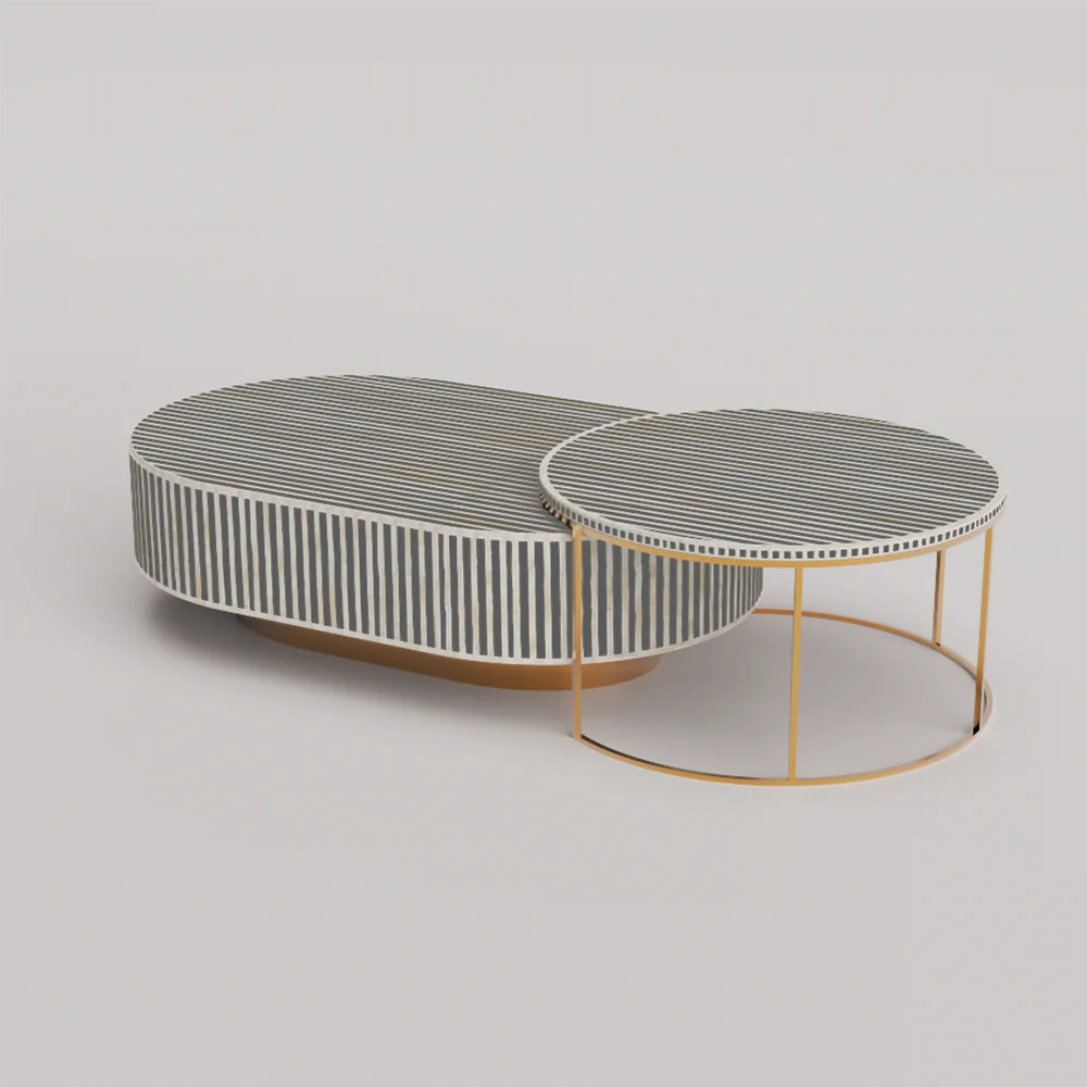 Jordan Waterfall Nesting Coffee Table – Bone Inlay Handcrafted Set by Hansa Handicrafts
