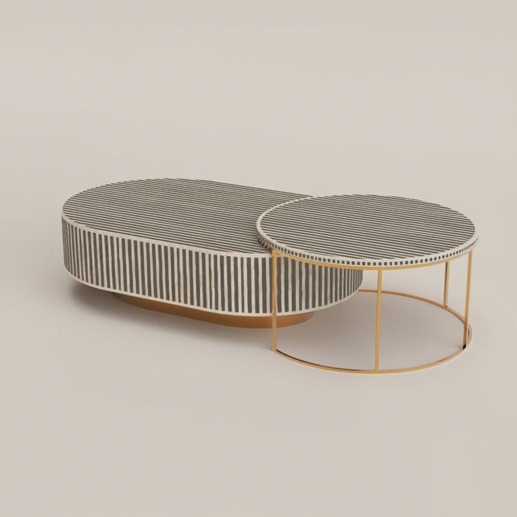 Jordan Waterfall Nesting Coffee Table - Bone Inlay Handcrafted Set by Hansa Handicrafts - Hansa Handicraft