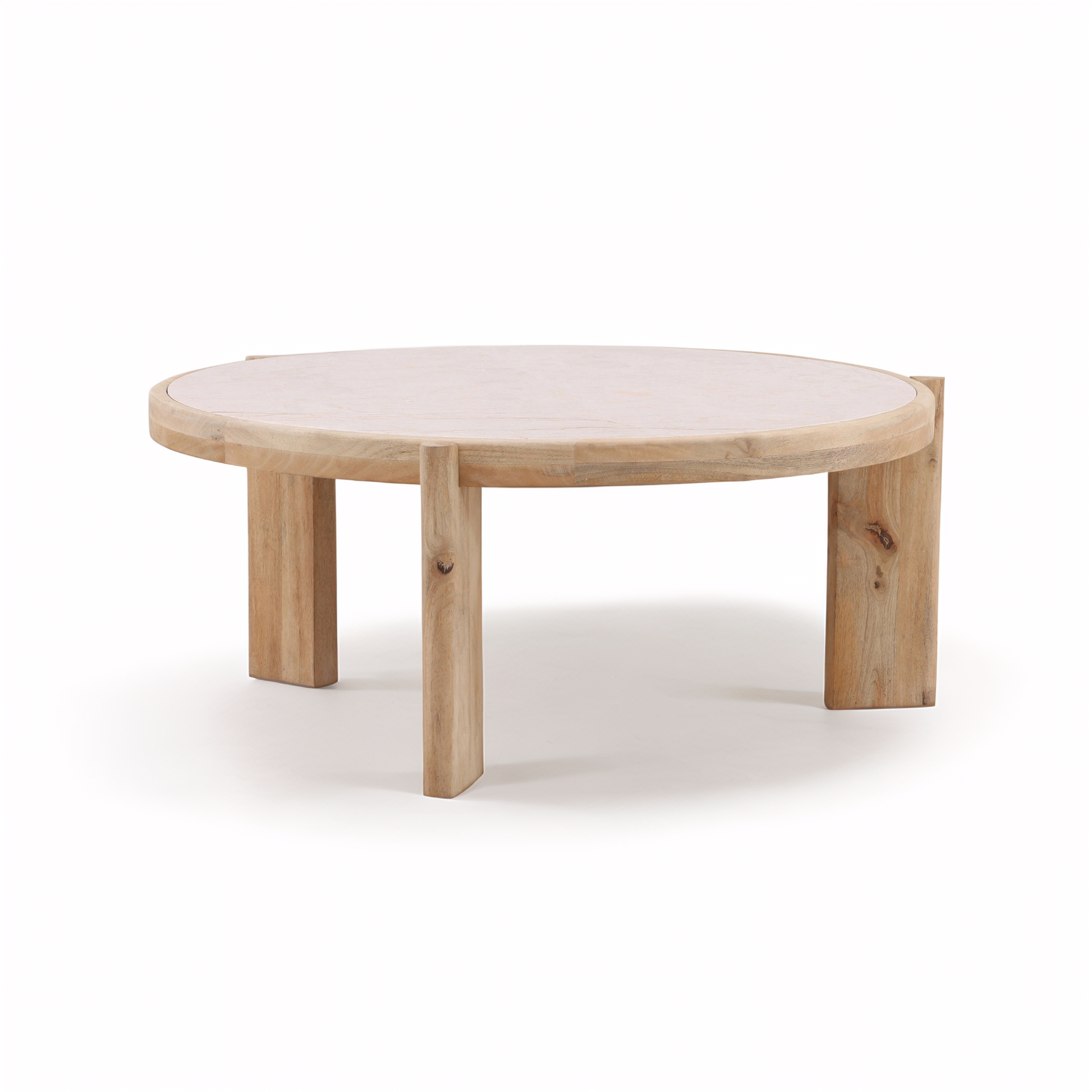 Round wooden coffee table with a white marble top on a white background