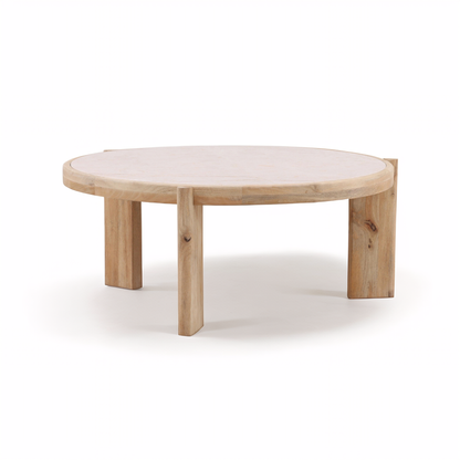 Round wooden coffee table with a white marble top on a white background