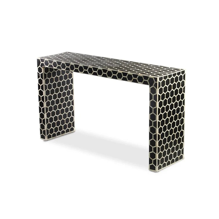 Handmade Bone Inlay Console Table Black and White Hexagonal Design | Unique Exotic Design for Entryway, Living Room, and Dining Room Decor