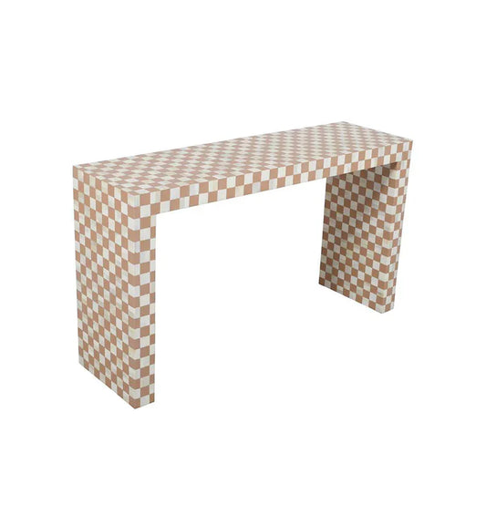 Handmade Bone Inlay Console Table Peach and White Checkers Design | Unique Exotic Design for Entryway, Living Room, and Dining Room Decor