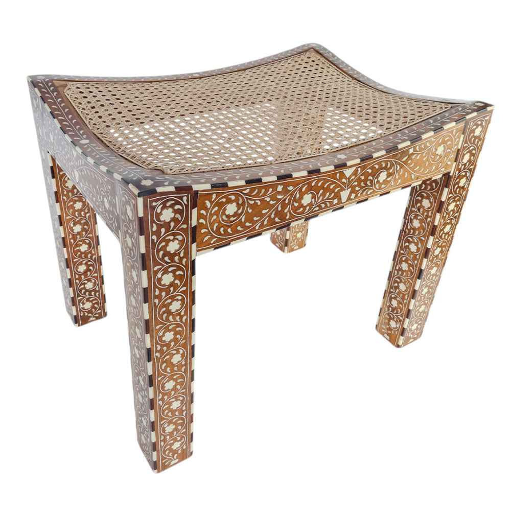 Teak Inlay Rattan Ottoman