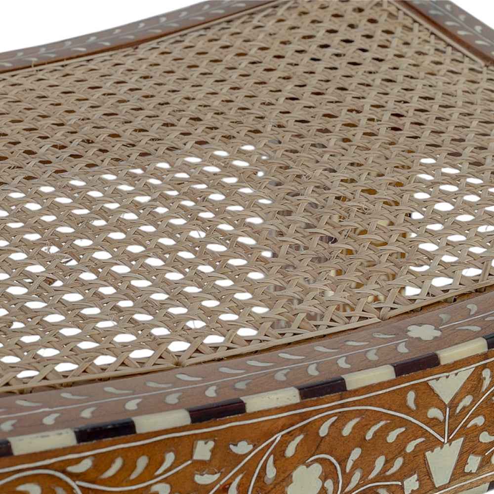 Teak Inlay Rattan Ottoman