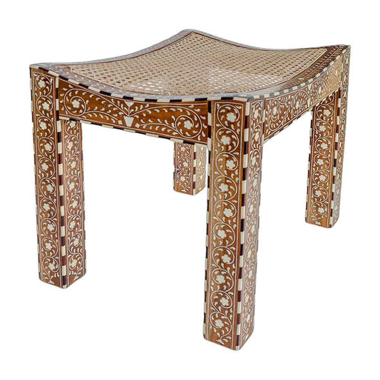 Teak Inlay Rattan Ottoman