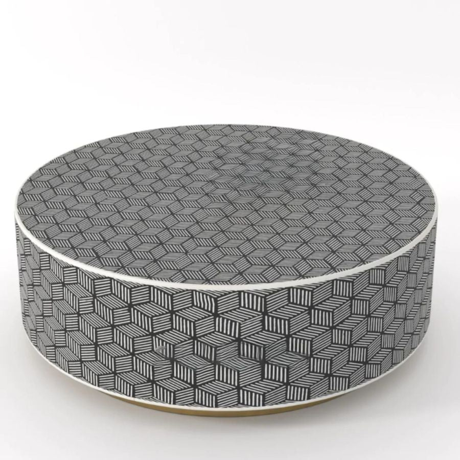 Bone Inlay Round Coffee Table for Home Centre Table Geometric Cube Pattern by Hansa Handicraft