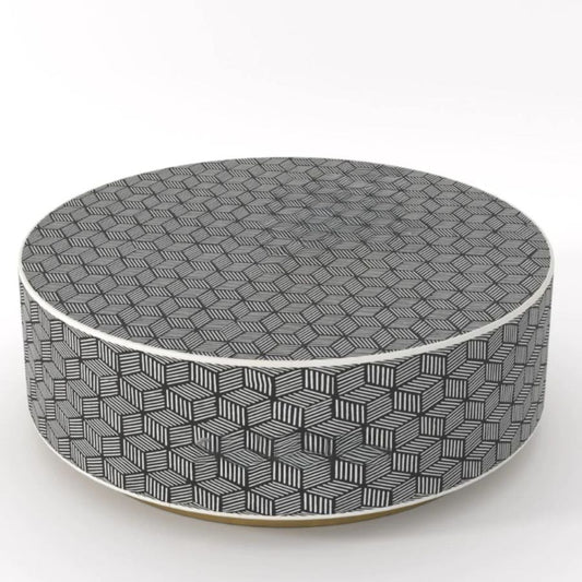 Bone Inlay Round Coffee Table for Home Centre Table Geometric Cube Pattern by Hansa Handicraft