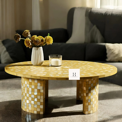 Bone Inlay Mosaic Coffee table | Round Yellow Bone Inlay Mosaic Coffee table | Yellow Mosaic-Hansa handicraft