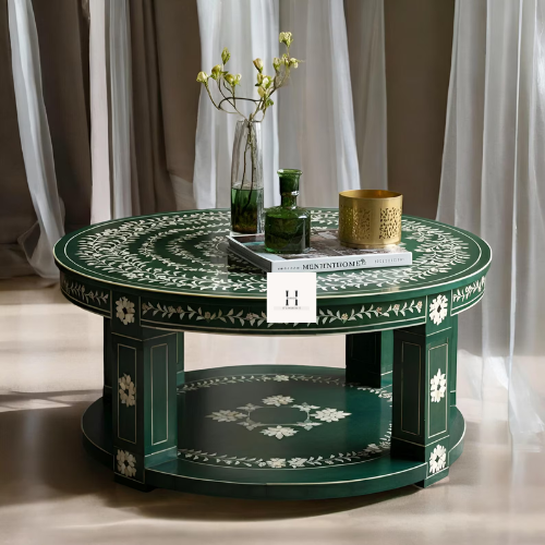 Floral Bone Inlay Double shelf Coffee table Green Floral -HANSA HANDICRAFT