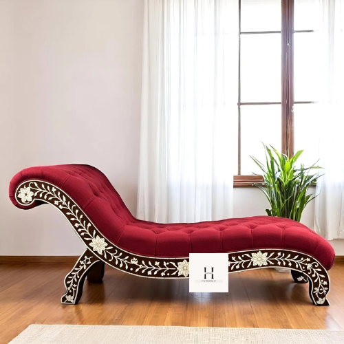 Bone Inlay Chaise Lounge Chair – Handmade Indian Daybed Sofa | Red Upholstered Floral Bone Couch | Luxury Boho Statement Furniture-hansa handicraft