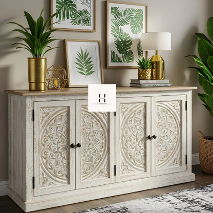 Handcrafted Wooden Sideboard / Carved Storage Cabinet / Rustic White Buffet Table-HANSA HANDICAFT
