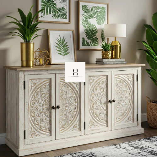 Handcrafted Wooden Sideboard / Carved Storage Cabinet / Rustic White Buffet Table-HANSA HANDICAFT