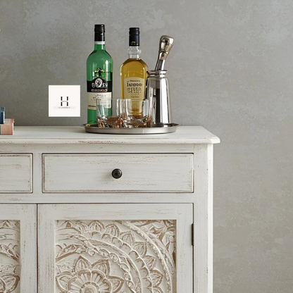 Boho Sideboard | Hand-Carved Wooden Cabinet in Distressed White | Rustic Solid Wood Console -HANSA HANDICRAFT