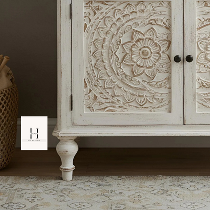 Boho Sideboard | Hand-Carved Wooden Cabinet in Distressed White | Rustic Solid Wood Console -HANSA HANDICRAFT