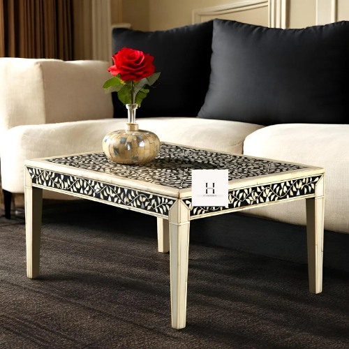 Black and White Handcrafted Coffee table | Petal Pattern Coffee table-Hansa handicraft