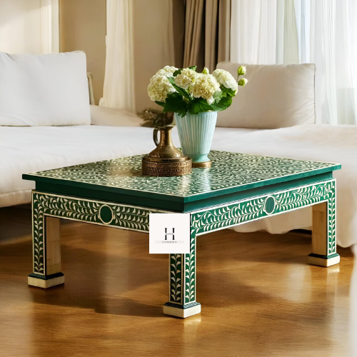 Green and White Handcrafted Coffee table | Floral Pattern Coffee table -HANSA HANDICRAFT