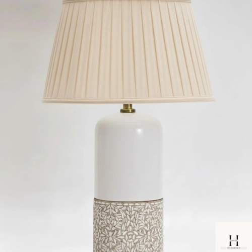 Handmade Bone Inlay Table Lamp – Ceramic Base, Pleated Shade, Boho Decor | Hansa Handicraft.