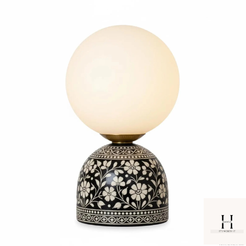 Handmade Bone Inlay Table Lamp – Floral Boho Globe Light | Hansa Handicraft