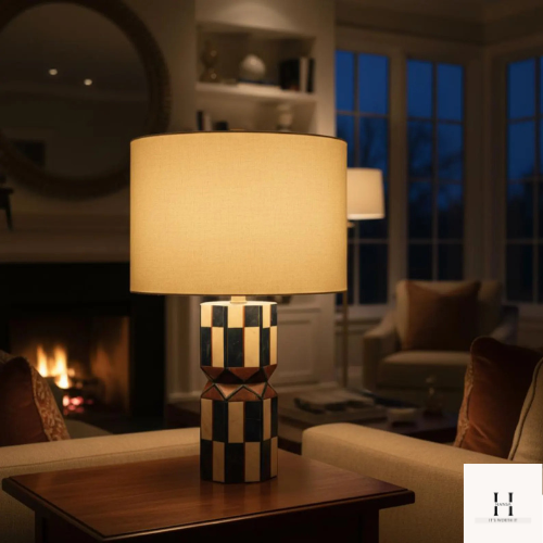 Handmade Geometric Bone Inlay Table Lamp – Modern Boho Bedside Light, Black & White Accent Lighting, Artisan Home Décor Gift | Hansa Handicraft