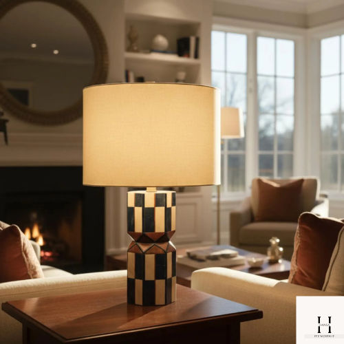 Handmade Geometric Bone Inlay Table Lamp – Modern Boho Bedside Light, Black & White Accent Lighting, Artisan Home Décor Gift | Hansa Handicraft