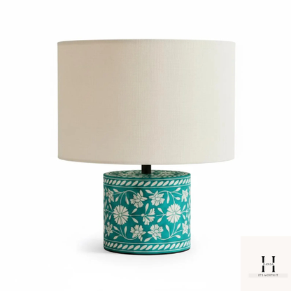 Handmade Green Bone Inlay Table Lamp – Floral Boho Accent Lamp | Hansa Handicraft