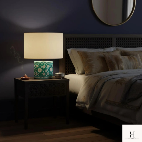 Handmade Green Bone Inlay Table Lamp – Floral Boho Accent Lamp | Hansa Handicraft