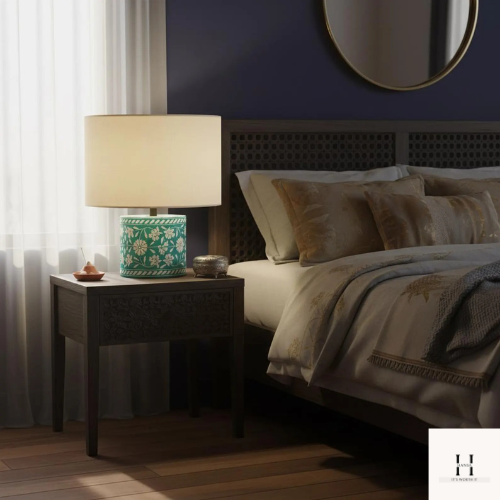 Handmade Green Bone Inlay Table Lamp – Floral Boho Accent Lamp | Hansa Handicraft