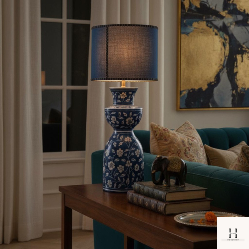 Handmade Blue Bone Inlay Table Lamp – Floral Boho Accent Light, Artisan Home Décor | Hansa Handicraft