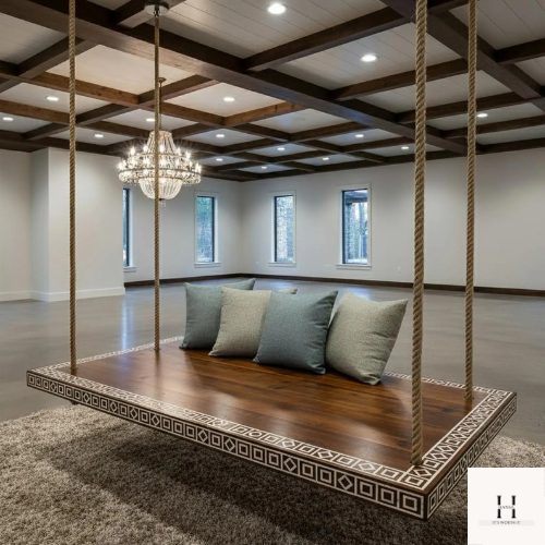 Wooden Hanging Swing with White Inlay Border – Modern Boho Home Decor | Hansa Handicraft