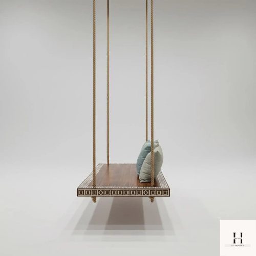 Wooden Hanging Swing with White Inlay Border – Modern Boho Home Decor | Hansa Handicraft