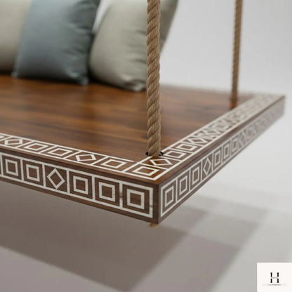Wooden Hanging Swing with White Inlay Border – Modern Boho Home Decor | Hansa Handicraft