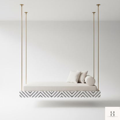 Modern White Wooden Hanging Bed Swing – Handcrafted Teak Jhula for Indoor & Outdoor Spaces | Luxury Minimalist Swing Daybed | Custom Home Décor by Hansa Handicraft