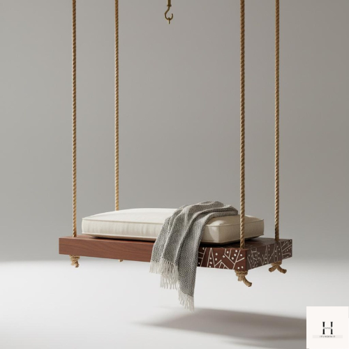 Handmade Wooden Rope Swing with White Inlay – Modern Jhula | Hansa Handicraft