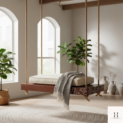 Handmade Wooden Rope Swing with White Inlay – Modern Jhula | Hansa Handicraft