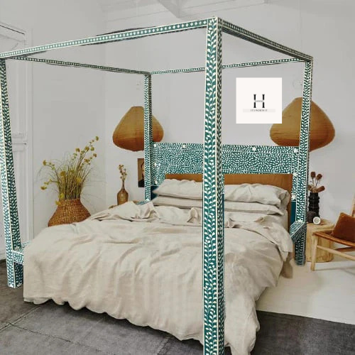 floral blue 4 Post Bed-hansa handicrafts