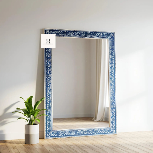 Bone Inlay Mirror Frame Handmade Decor Floral Design Wood Frame Entryway, Hallway, Living Room, Closet Mirror-hansa handicraft