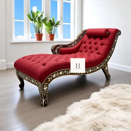 Unique Luxury Statement Accent Furniture | Bone Inlay Chaise Lounge – Red Tufted Indian Daybed Sofa | Handcrafted Floral Bone Couch-hansa handicraft