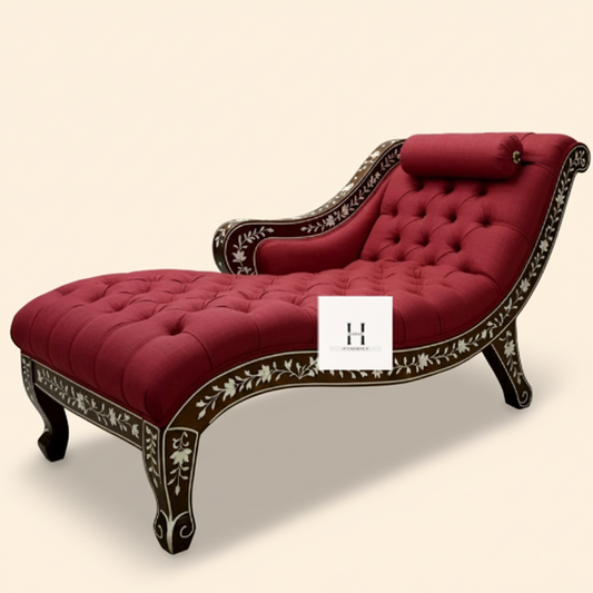 Unique Luxury Statement Accent Furniture | Bone Inlay Chaise Lounge - Red Tufted Indian Daybed Sofa | Handcrafted Floral Bone Couch-hansa handicraft - Hansa Handicraft