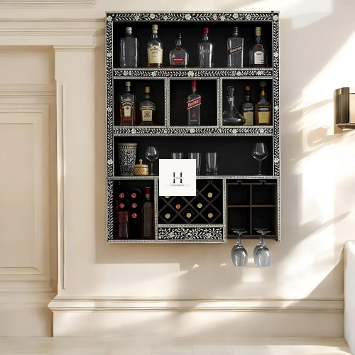 Bone Inlay Wall Mounted Bar Cabinet | Handmade Black-HANSA HANDICRAFTS