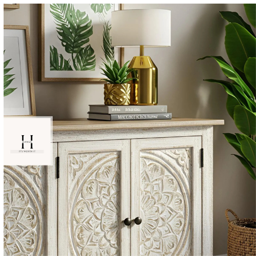 Handcrafted Wooden Sideboard / Carved Storage Cabinet / Rustic White Buffet Table-HANSA HANDICAFT
