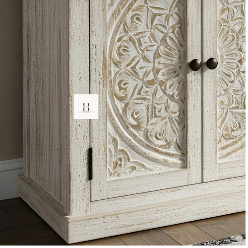 Handcrafted Wooden Sideboard / Carved Storage Cabinet / Rustic White Buffet Table-HANSA HANDICAFT