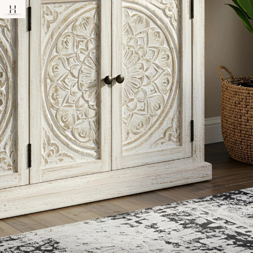 Handcrafted Wooden Sideboard / Carved Storage Cabinet / Rustic White Buffet Table-HANSA HANDICAFT
