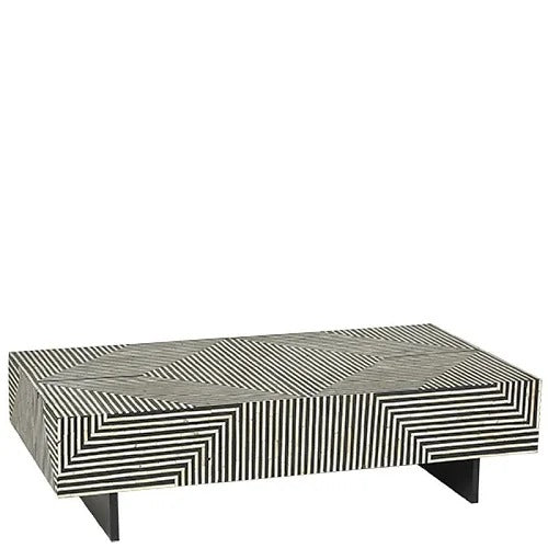 Bone Inlay Rectangle Coffee Table with Stripe Design With Iron Legs